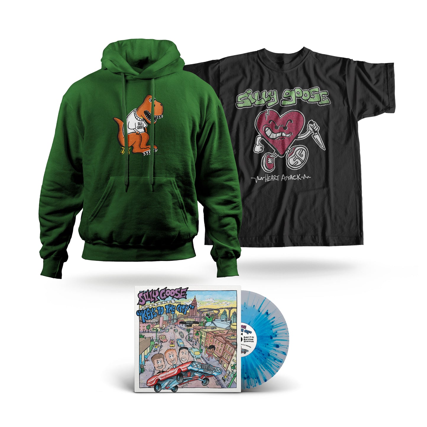 Dino Hoodie + Heart Attack Shirt + Blue Splatter Vinyl Bundle