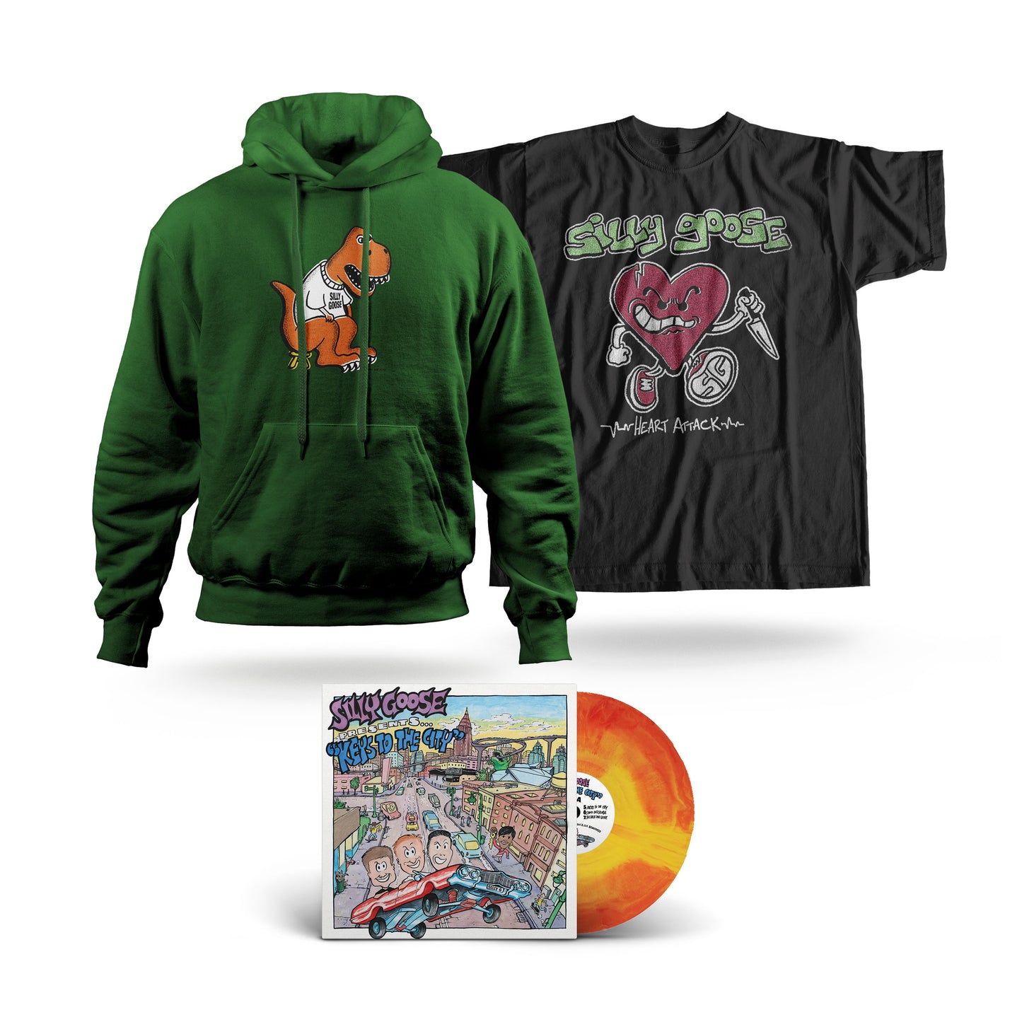 Dino Hoodie + Heart Attack Shirt + Orange Galaxy Vinyl Bundle